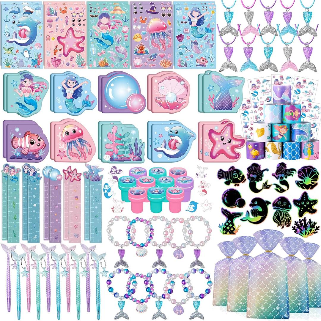 110Pcs Mermaid Party Favors Including Stampers, Notebooks, Mermaid Party Decorations
