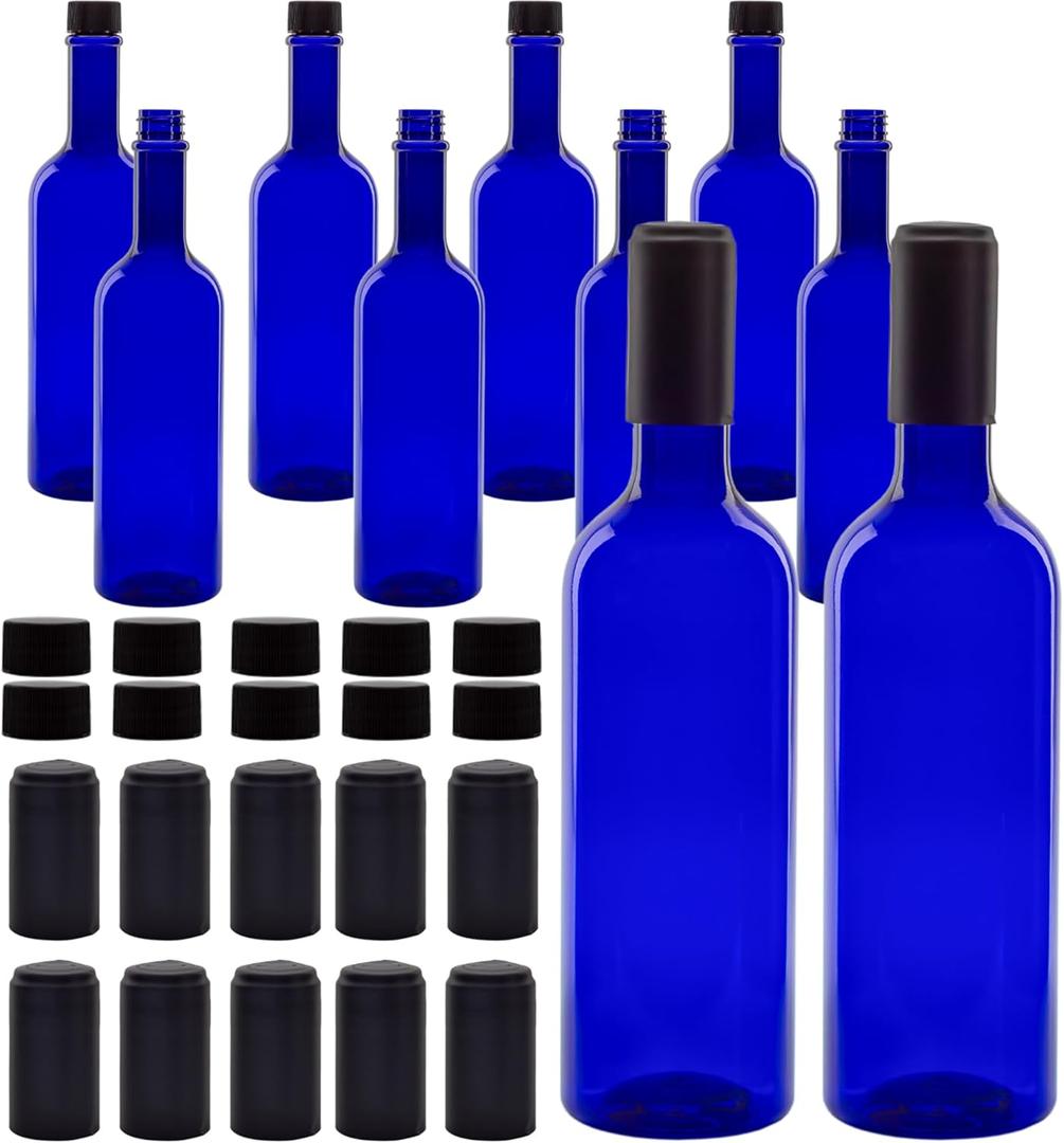 Cornucopia Brands Plastic Champagne Bottles (10-Pack, Blue); Empty PLASTIC Bordeaux-Style Champagne Bottles w/Screw Caps and Seals