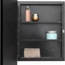 Fundin Plastic Black Medicine Cabinet, Beveled Edge Mirror Door with Round Corner Metal Frame, Recessed and Surface Mount Bathroom Medicine Cabinet, 16 x 24 inch Mirror Size