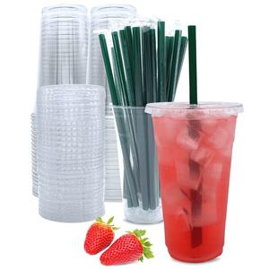 24 oz Clear Plastic Cups with Lids and Straws, Disposable Coffee Cups 10 Sets