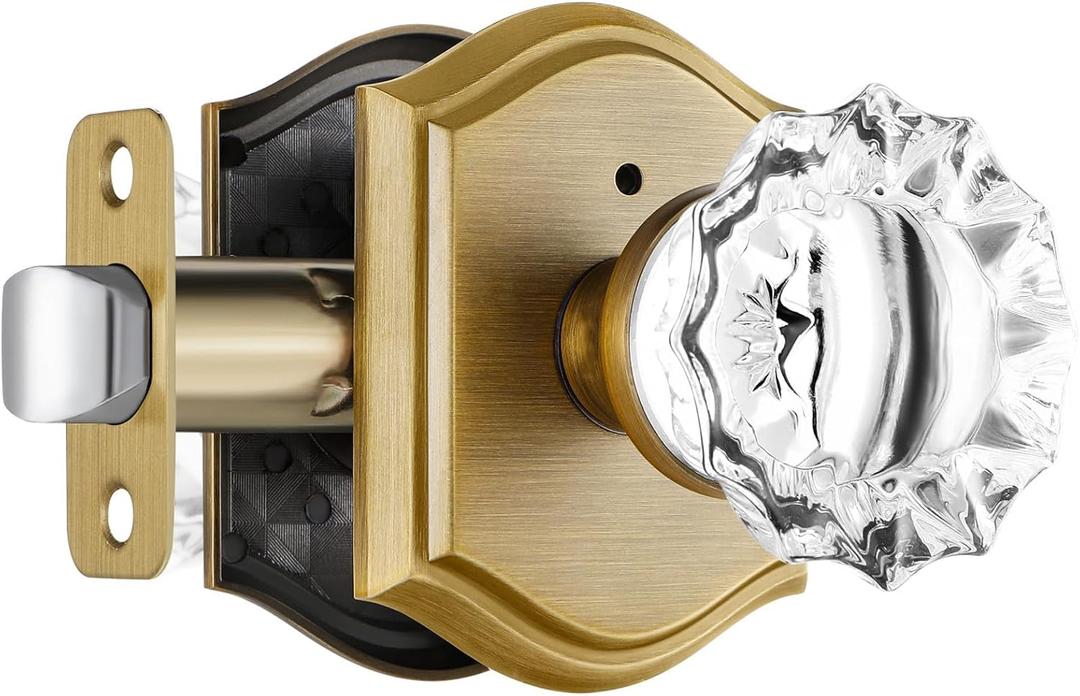 Glass Door Knobs Interior, Vintage Style Privacy Crystal Door Knobs with Lock, Antique Brass Door Knobs for Bedroom Bathroom, Push Pin Button Inside Lock, 1 Pack