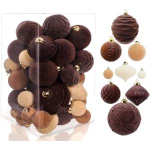 42PCS Velvet Christmas Ball Ornaments, Flocked Vintage Rustic Farmhouse Baubles in Assorted Sizes for Xmas Tree Decorations, Hanging Ornaments for Home, Party & Wedding Dcor (Brown, Beige, White)