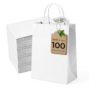 White Paper Bags with Handles Small Paper Gift Bags 100 pcs 5.9"x3.1"x8.2",Sturdy Small Gift Bag Bulk Kraft Wrap Shopping Bags for Wedding Small Business Retail Merchandise Birthday Goodie Party Favor