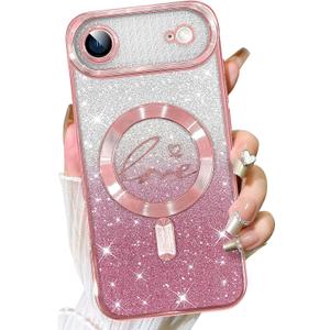 Fiyart Designed for iPhone Air Case 2025,Compatible with MagSafe Love Hearts Plating Camera Protection TPU Magnetic Glitter Shockproof Phone Bumper for Women Girls 6.6"-Pink