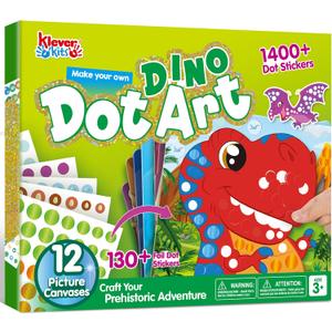 Klever Kits Dot Art Kit for Kids, No Mess Sticker for Toddler 3-7, Craft Kits, DIY Creative Activity, Travel Toy, Birthday Gifts for Boys Girls (Dinosaur)