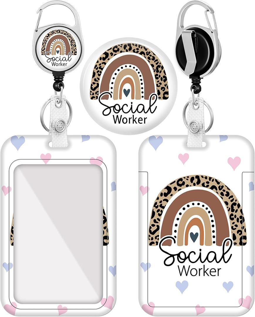 Plifal Badge Holder with Retractable Reel, Rainbow Social Worker ID Name Tag Work Badge Clip Heavy Duty Vertical Card Protector Cover Case for Work Office Nurse Medical Student Teacher Women Men