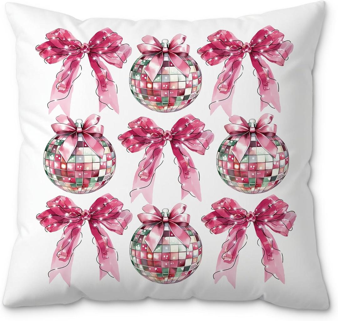 ROXMART Coquette Pink Bow Disco Ball Pillow Covers 18x18, Preppy Girly Room Decor, Trendy Bow Mirror Ball Decorative Pillow Covers for Couch Sofa Girls Bedroom Dorm Apartment (Style06)