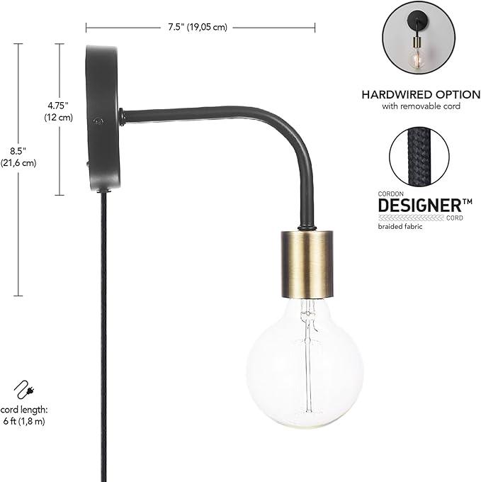 GLOBE Electric 52103 1-Light Long Arm Plug-in or Hardwire Wall Sconce, Matte Black, Matte Brass Socket, Wall Lights for Living Room, Bedroom, Den, Apartment Essentials, Mounted Bedside Lamp