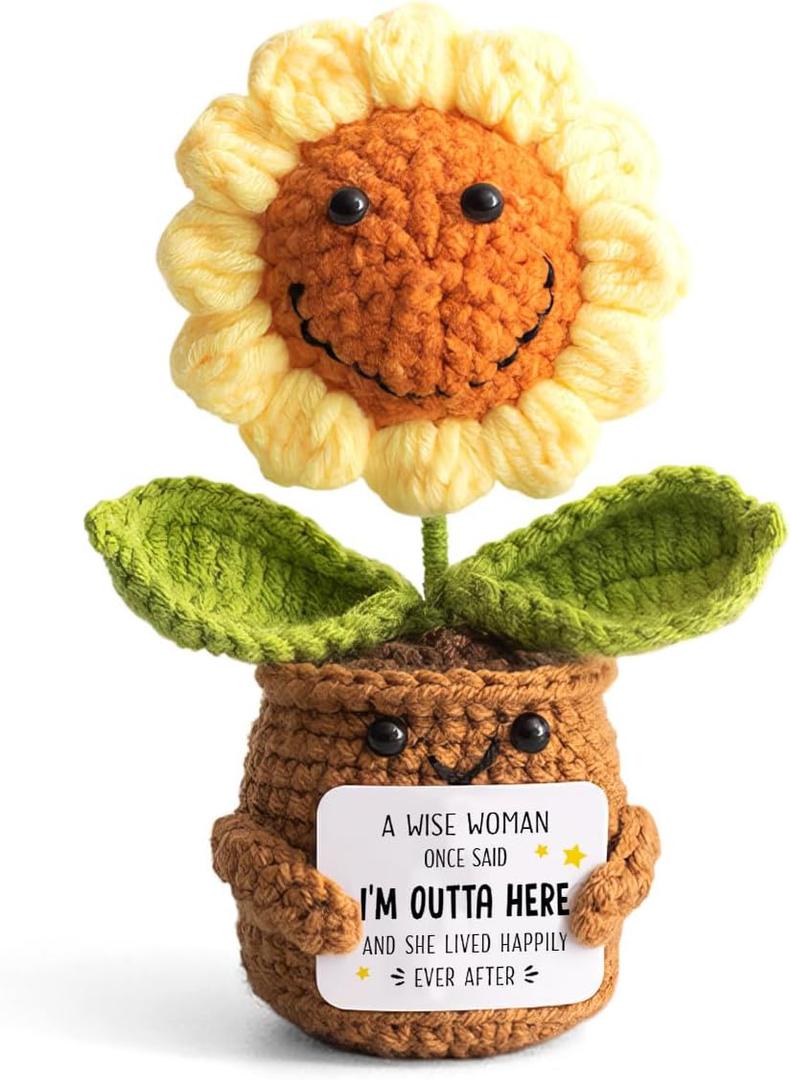 2 x Funny Retirement Gifts for Women Mom Coworker Teacher  Mothers Day Gift  Mini Positive Sunflower Crochet A Wise Woman Once Said  Leaving, Farewell, Going Away Gifts for Friends, Employee (Yellow)