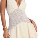SOLY HUX Women's Summer Crochet Knit Mini Dress Deep V Neck Sleeveless Ruffle Layered A Line Vacation Party Dresses (L)