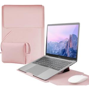 4-in-1 Laptop Sleeve with Stand and Mouse Pad, Faux Leather Protective Case with Accessory Pouch for 15-16 Inch Laptops, Pink