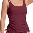 ANFILIA Women's Tankini Top Tie-Side Drawstrings Bathing Suit Top Ribbed Fabric Tummy Control Sporty Swimsuit Top (XX-Large, WineRed)