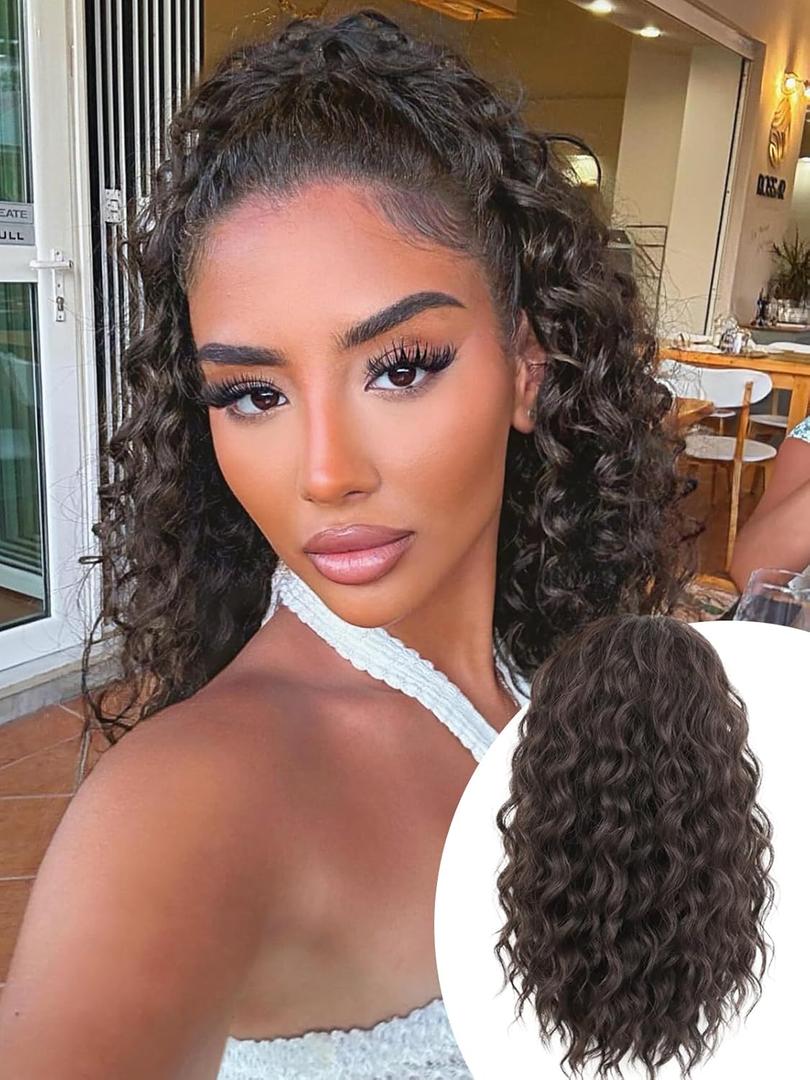 Isaic Ponytail Extension 12 Inch Long Wavy Curly Ponytails Drawstring Ponytail for Black Women Dark Brown Pony Tails Hair Extensions Synthetic Hairpiece for Daily Use