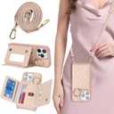 for iPhone 13 Pro Max Case with Card Holder and Strap for Women,Crossbody Lanyard, Make Up Mirror,Ring Stand,Snap Clasp,Cute Phone Wallet Cases 6.7 inch - Rose Gold