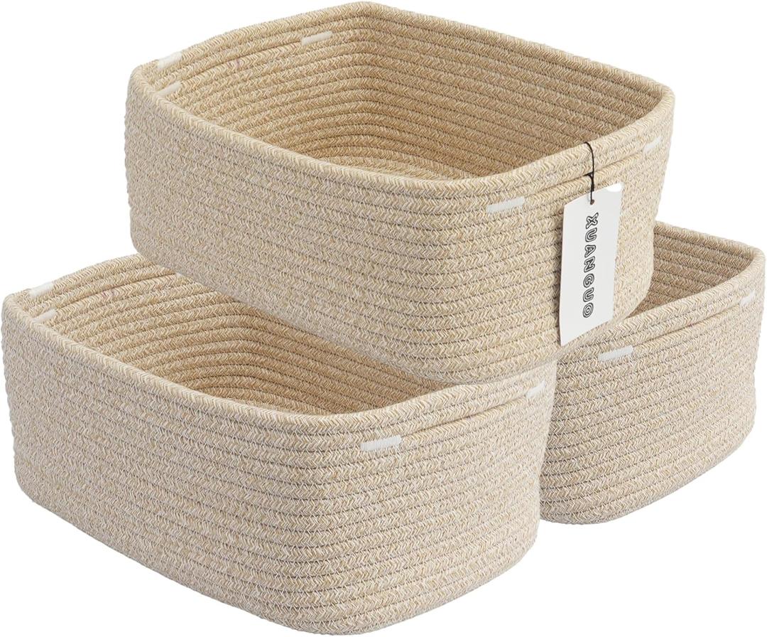 Small Woven Storage Baskets 12X8X5 Decorative Rope Bins for Organizing Shelves, Closets, and Toys, Empty Gift Baskets, Cute Organizer Basket for Home and Office (oatmeal, regular)