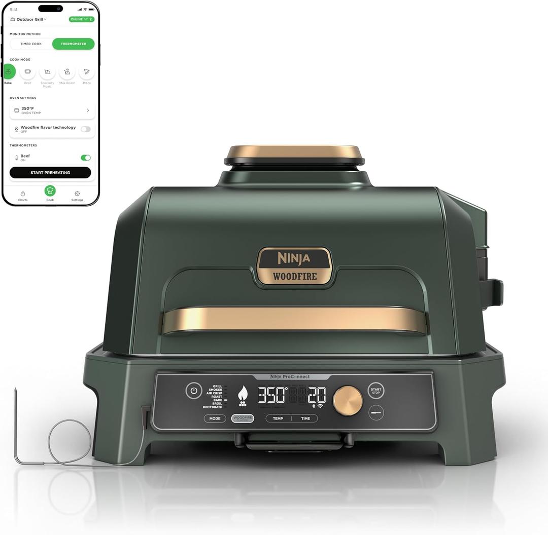 Ninja Woodfire ProConnect Premium XL Outdoor Grill & Smoker, Green & Gold | Ninja Woodfire ProConnect 7-in-1 Grill has 180 sq in of space, and an app-connected thermometer for foolproof BBQ smoking