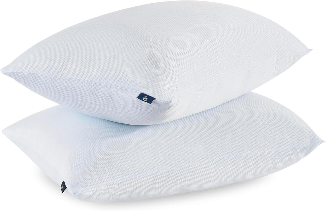 Serta Won't Go Flat Standard/Queen Size Set of 2 Down Alternative Cooling Bed Pillows, Extra Life Foam Core with Medium Support, Perfect for Back, Stomach or Side Sleepers, Blue 2 Count (Queen)