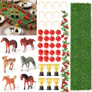 R HORSE Derby Horse Party Centerpiece - 44Pcs Derby Party Decorations for Table with Artificial Grass Table Runner Roses Garland Horseshoe Mini Horses and Trophy for Horse Racing Supplies Table Decor