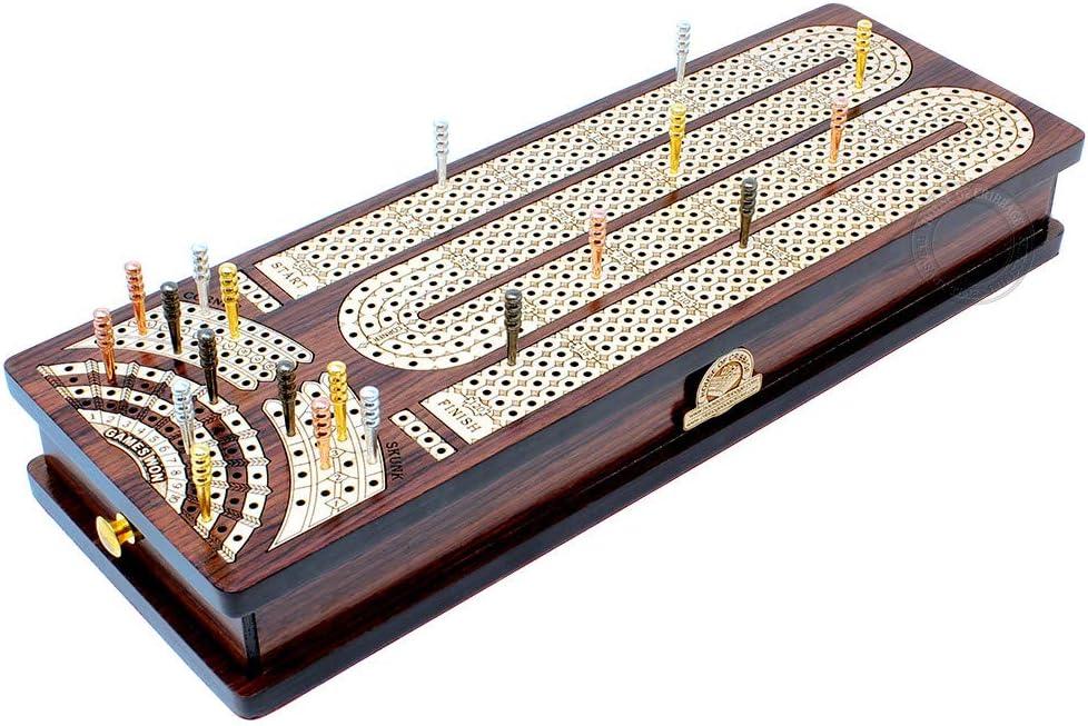 House of Cribbage - Continuous Cribbage Board/Box Inlaid in Rosewood/Maple : 4 Track - Side Drawers with Score Marking Fields for Skunks, Corners and Won Games