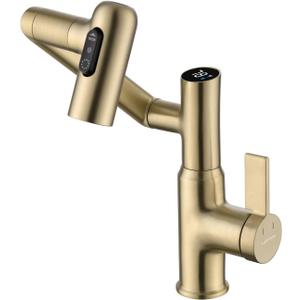 Lefton Rotatable Bathroom Faucet with Temperature Display in Fahrenheit (Batteries-Free), 3 Water Modes, Brushed Gold, BF2204-6