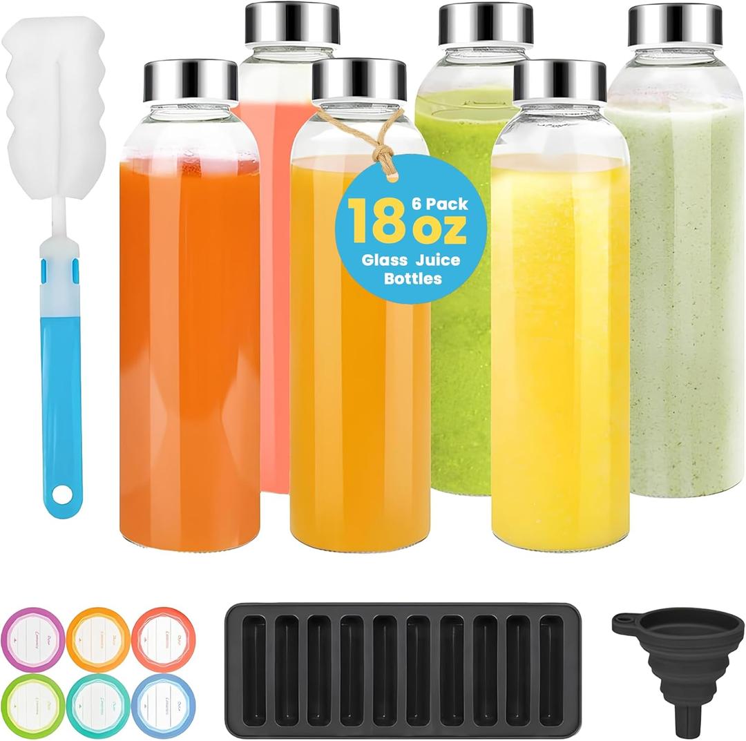 PROBTTL 18 oz Glass Juice Bottles with Lids Refillable Clear Glass Water Bottles with Stainless Steel Airtight Caps, Dishwasher Safe, Reusable Drinking Juice Containers (6-Pack, No Sleeves)