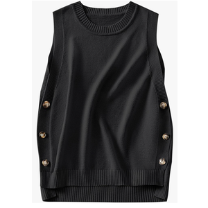 Womens Sweater Vest Summer Sleeveless Crewneck Ribbed Knit Side Button Loose Pullover Tank Tops 2025 Fall Outfits Black, Large