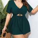 OYOANGLE Women's Plus Size Tankini Sets 2 Piece Drawstring V Neck Short Sleeve Swim Dress Bathing Suits (Green, XL)