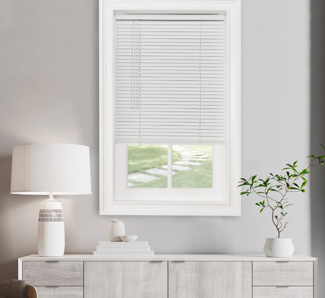 Cordless Light Filtering Mini Blind - 47 Inch Width, 48 Inch Length, 1" Slat Size - Pearl White - Cordless GII Morningstar Horizontal Windows Blinds for Interior by Achim Home Decor