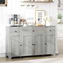 Garvee 55" Sideboard Buffet Cabinet with Storage, Coffee Bar Cabinet with Adjustable Shelves, 3 Drawers and 4 Minimalist Doors, Long Storage Cabinet for Kitchen, Dining Room, Living Room- Grey