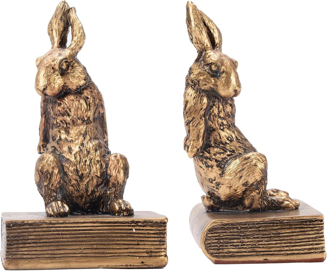 Book Ends for Shelves to Hold Books Hevay Duty,Decorative Bookends for Bookshelf Dcor,Cute Animal Rabbit Book Stopper Easter Bunny Statues for Home, Office Desk, Living Room Decoration,1 Pair (Gold)