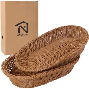 Wicker Bread Basket, Woven Basket as Serving Tray, Bread Serving Storage, Oval Resin Wicker, 2 pcs, Light Brown