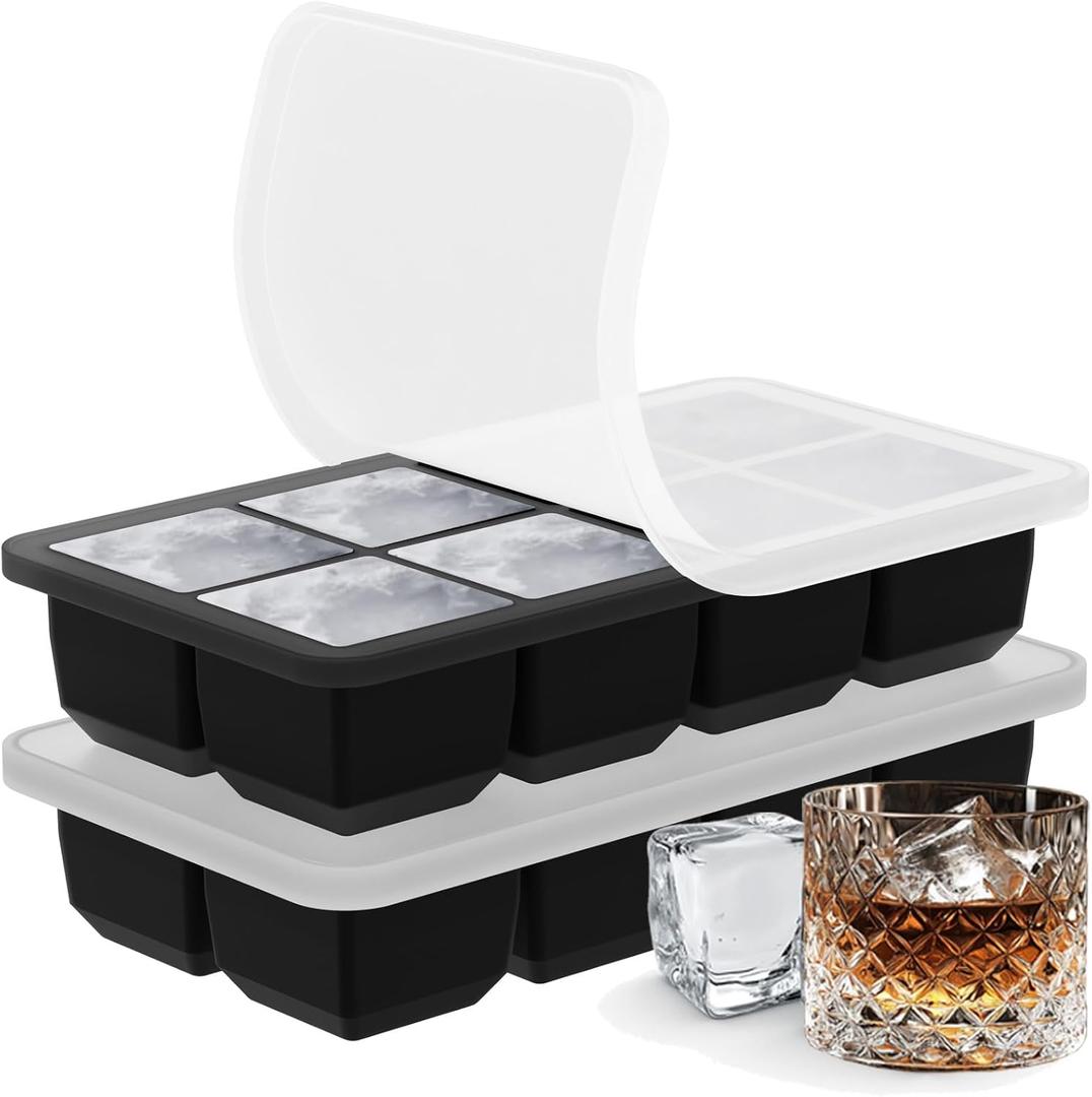 2 Pack Silicone 2 Inch Large Ice Cube Molds for Cocktails Wine Fruit and Bourbon Whiskey Easy Release Ice Cube Tray with Lid Ideal for Cold Drinks and Entertaining Gatherings (Black)