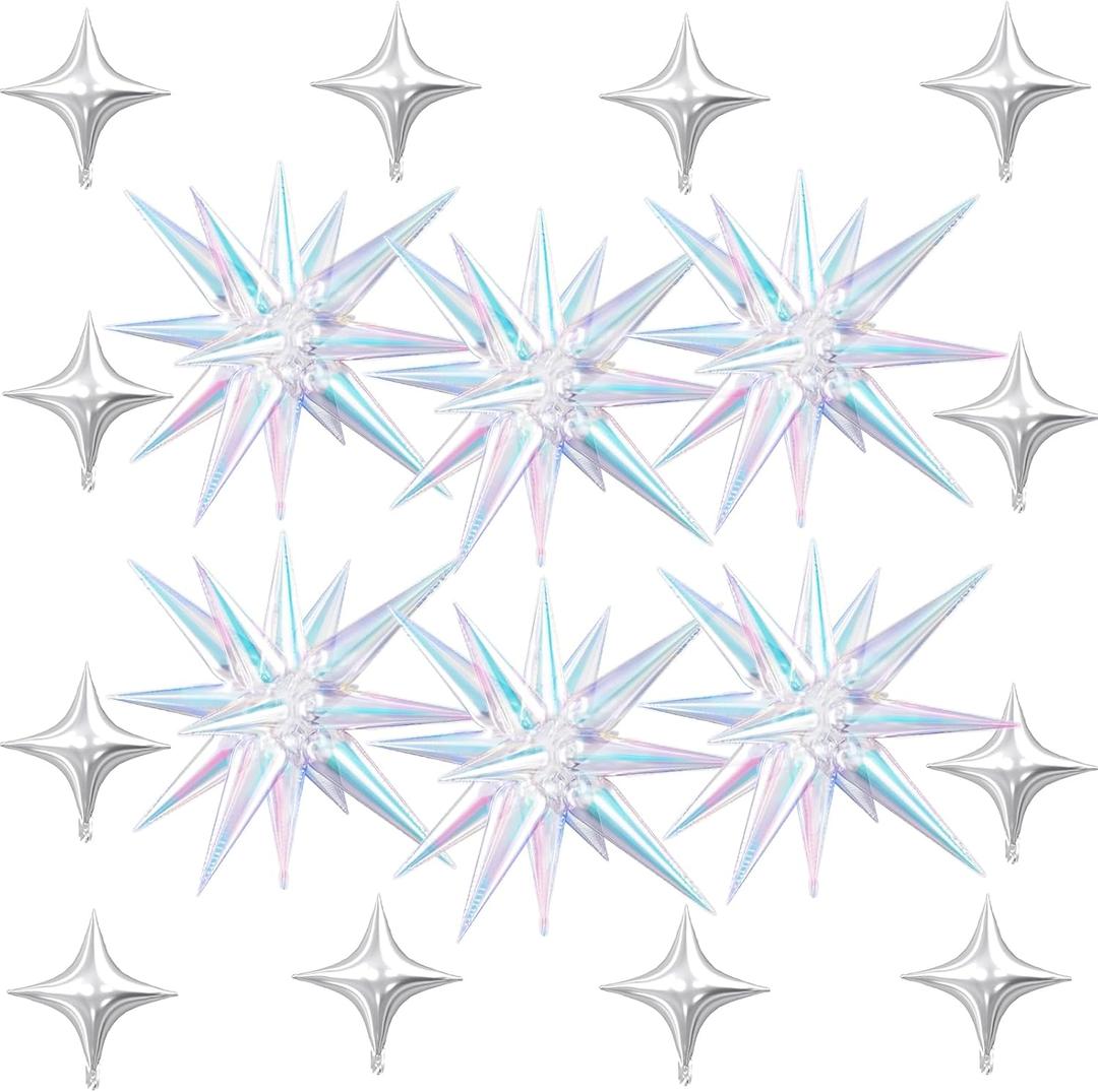 18 Pcs Iridescent Star Balloons, Iridescent Clear Stars Foil Balloon with 6 Pcs 22-Inch Explosion Star Balloons 12Pcs Silver 10-Inch Four Pointed Stars Balloon for Birthday New Year Party Decors