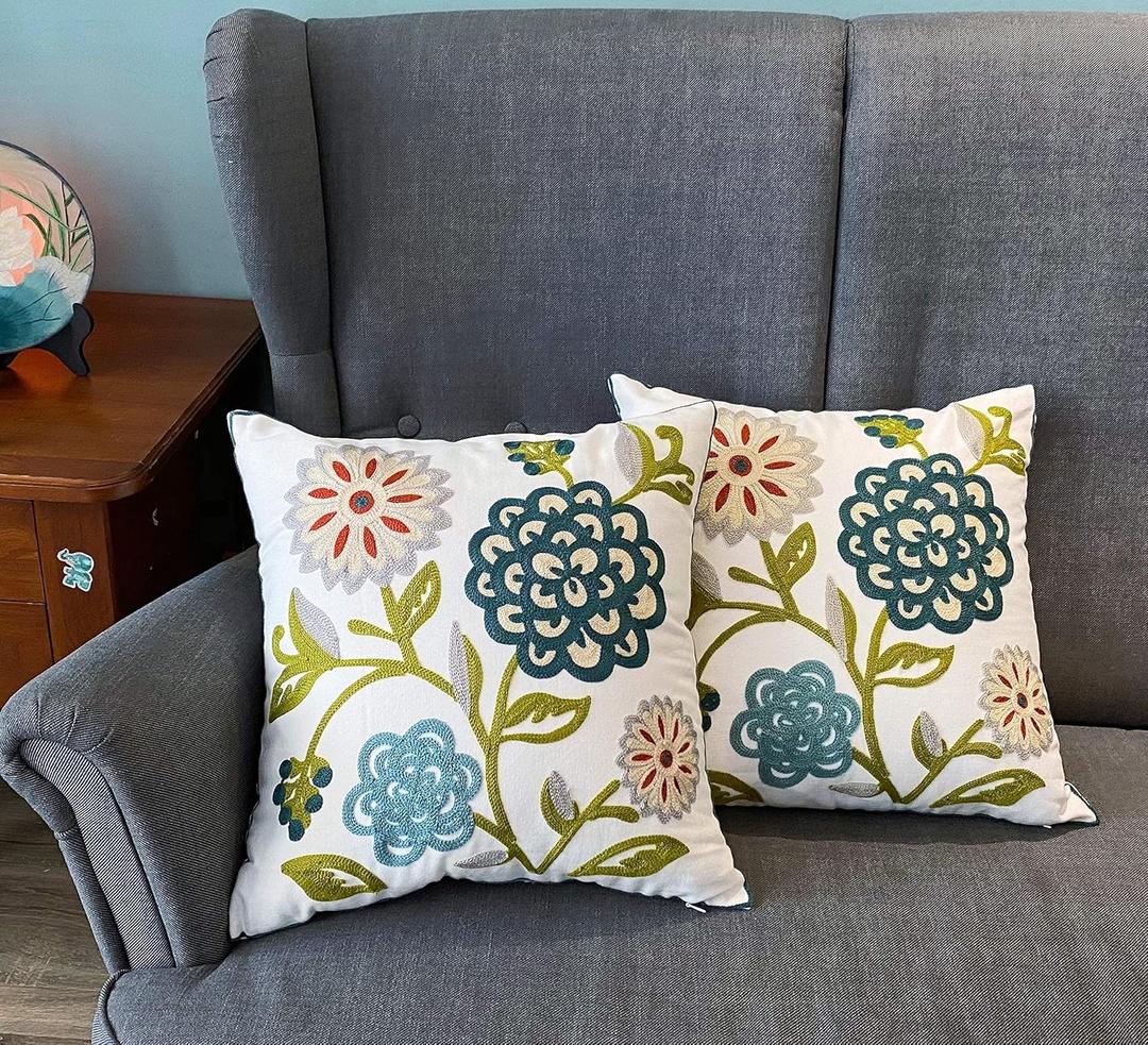 Flower Embroidered Pillow Covers 18x18 Summer Throw Decorative Pillowcases Colorful Farmhouse Plant Cushion Covers for Couch Sofa Bed Living Room Picnic 2 Pcs