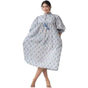 Little Boy Blue Hand Block Printed Boho Cotton Midi Dress for Women, Floral Print Maternity-Friendly Summer Tunic with Tassel & Pockets  (Blue, XL)
