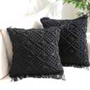 Throw Pillow Cases, Decorative Cushion Cover, Boho Woven Pillowcase for Home Party Office and Outdoor Decoration, Soft Woven Pillow Case with Tassels, Set of 2 Macrame Cushion Case (17"x17", Black)