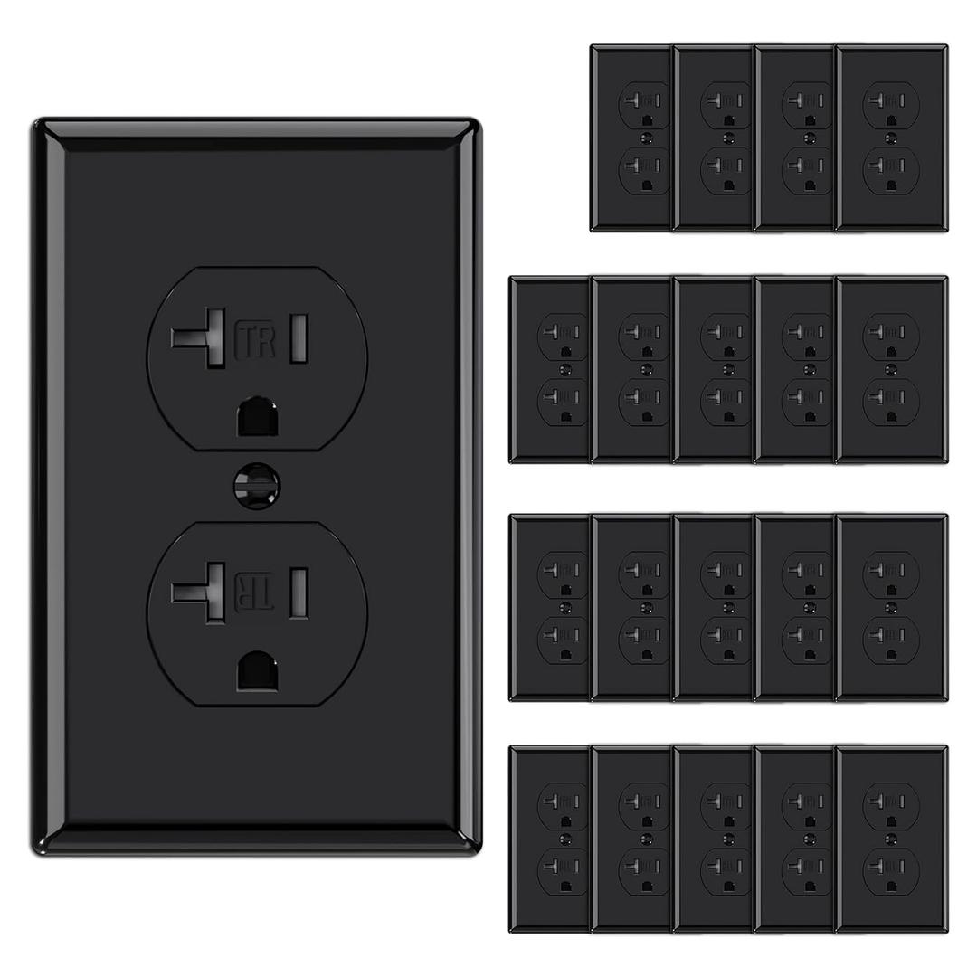 AIDA 20 Amps Outlets Duplex Electrical Receptacle Outlets,Tamper Resistant,Heavy-Duty Receptacle Wall Outlet,Residential,TR,3-Wire, Self-Grounding Clip, NEMA 5-20R,UL Listed (20 Pack, Black)