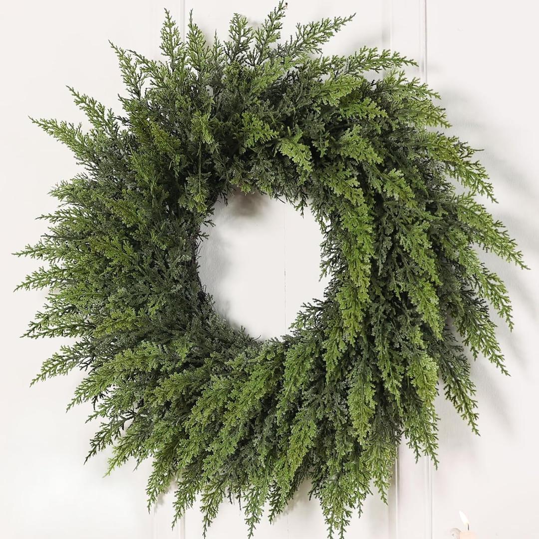 24" Real Touch Artificial Cedar Wreath - Faux Christmas Wreaths for Front Door,Faux Pine Green Wreath for Home, Holiday, Fireplace, Mantle,Wall, Windows, Xmas, Outdoor Decoration