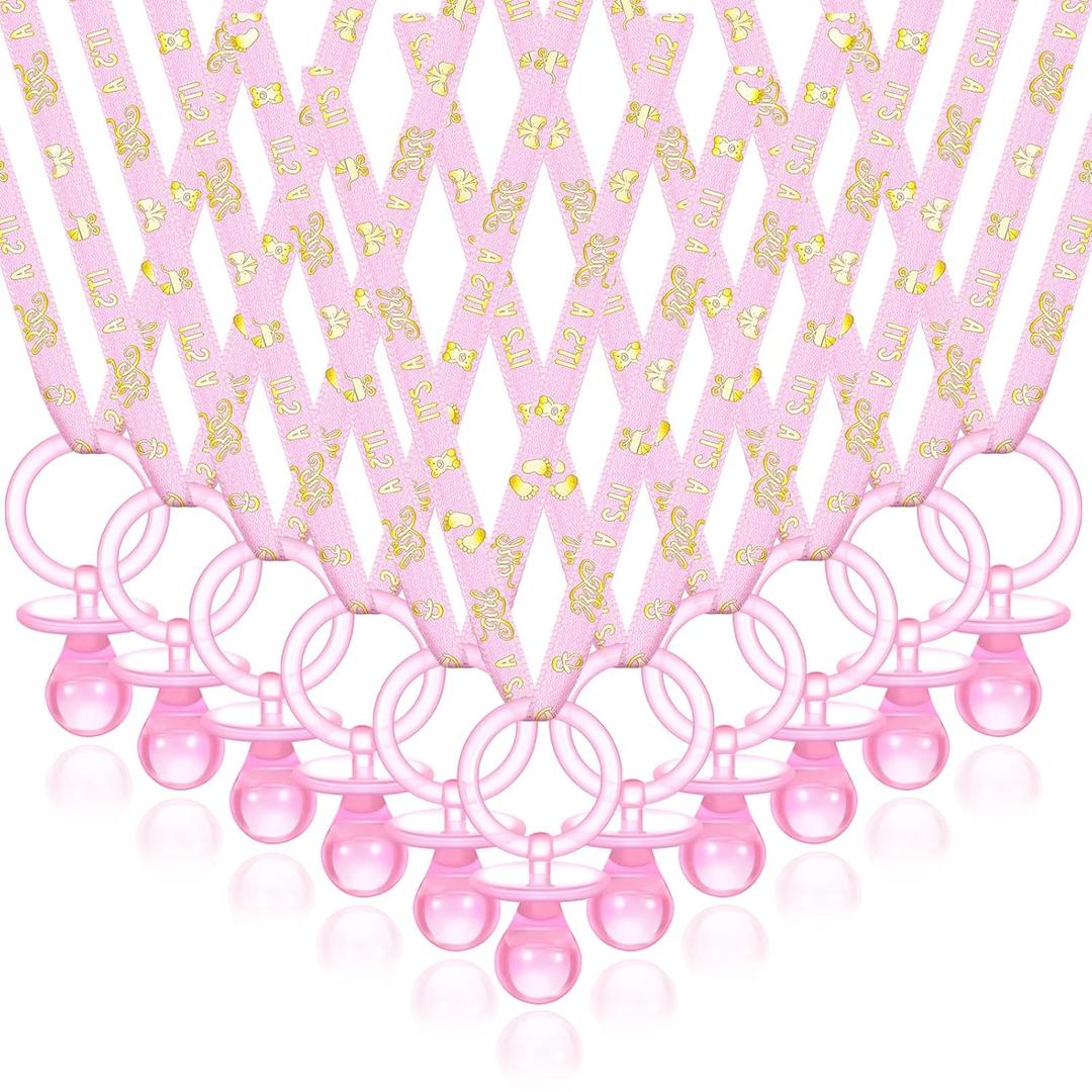 Junkin 60 Pieces Baby Shower Pacifiers Necklace Acrylic Pacifiers Necklace Charm for Baby Shower Party Favors Decorations, Women Style(Pink, Gold)