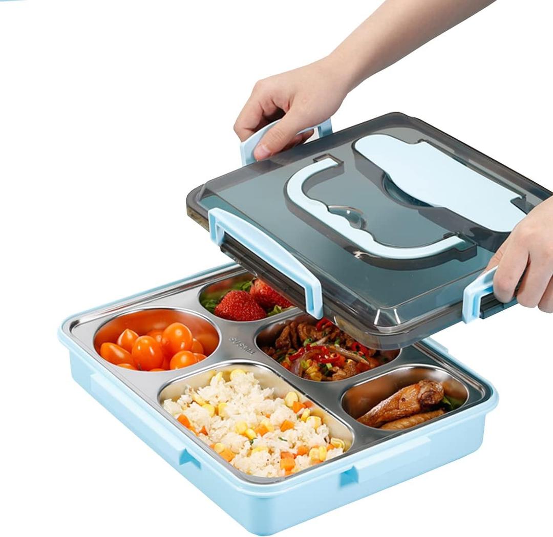 304 Stainless Steel Bento Lunch Boxes for Adults, 5 Sections Rectangular Divided Plates Tray Blue Reusable dinner Plate with Lid and Buckled leak-proof Portion Control Food Containers