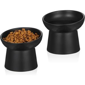 2PCS Anti-Tip Ceramic Pet Slanted Bowls  Elevated Tilted Cat Food & Water Bowls Set, Non-Slip Stress-Free Feeder for Cats & Small Dogs, Dishwasher and Microwave Safe (Black)