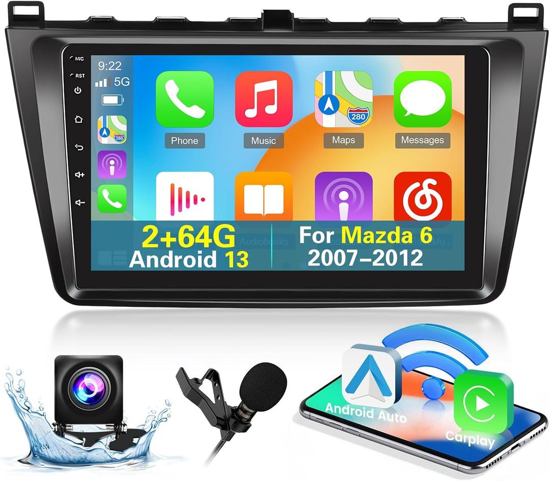[2+64G] Android 13 Car Radio for Mazda 6 2007-2012 with Wireless Carplay and Android Auto - 9 Inch Touch Screen Car Stereo - Multiple UI Themes/GPS/WiFi/SWC + AHD Backup Camera
