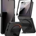 SURITCH for Samsung Galaxy Z Flip7 Case with 360 Rotatable Hand Strap Phone Grip Holder & Invisible Kickstand & Screen Protector, Protective Cover for Flip 7 - Black