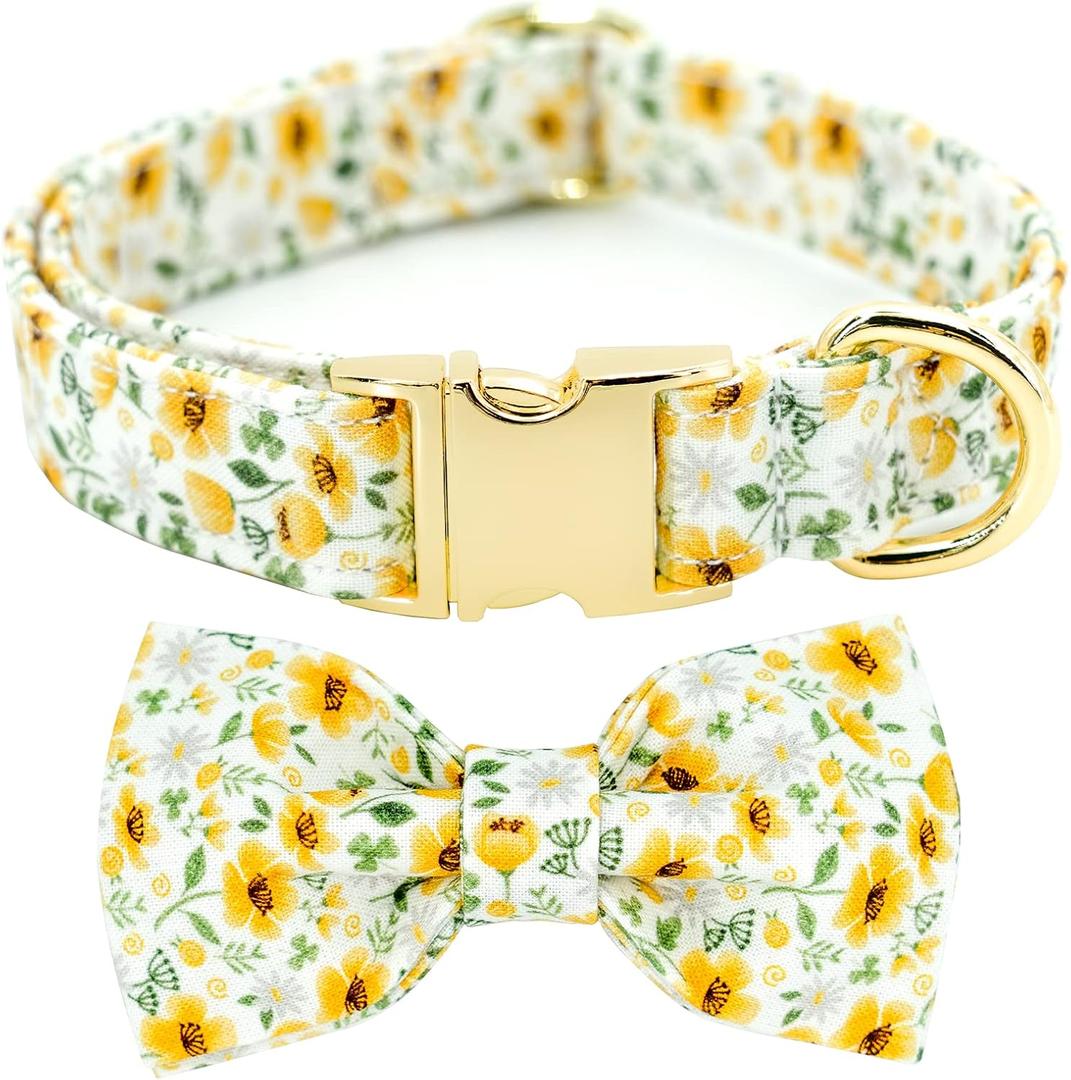 Tunkoo Dog Collar Floral with Elegant Bow Tie Soft Comfy Cotton Adjustable Collar, Premium Metal Buckle for Puppy and Cat Small Medium LargeDaisy FlowersS