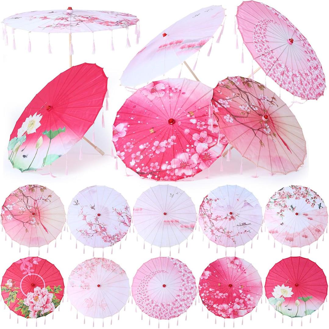 Sadnyy 10 Pcs 33" Chinese Oiled Paper Umbrella Bulk with Tassels Japanese Art Asian Style Silk Parasol for Wedding Parties, Bridal Showers, Photography Costume Cosplay Decoration (pink)