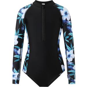 Girls Long Sleeve Rashguard Swimsuit UV Protection One-Piece Swimwear Bathing Suit (11-12 Years, Blue Floral Print)