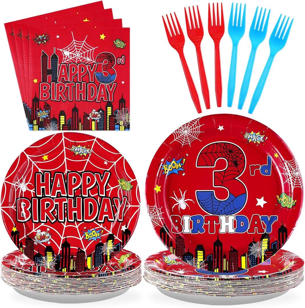 96Pcs Spider 3rd Birthday Decorations for Boys Super Theme Hero 3rd Birthday Plates and Napkins Blue Red Spider Three Year Old Decoration Favors for Kids 3 Year Old Party Supplies Serves 24