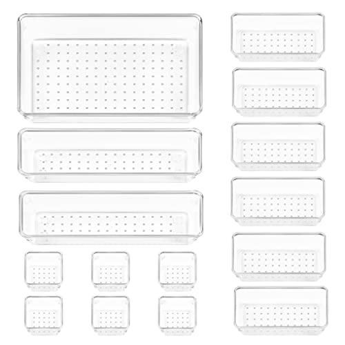 Vtopmart 15 PCS Clear Plastic Drawer Organizers Set, 4-Size Versatile Bathroom and Vanity Organizer Trays, Non-Slip Storage Containers for Makeup, Jewelries, Bedroom，Kitchen Utensils and Office