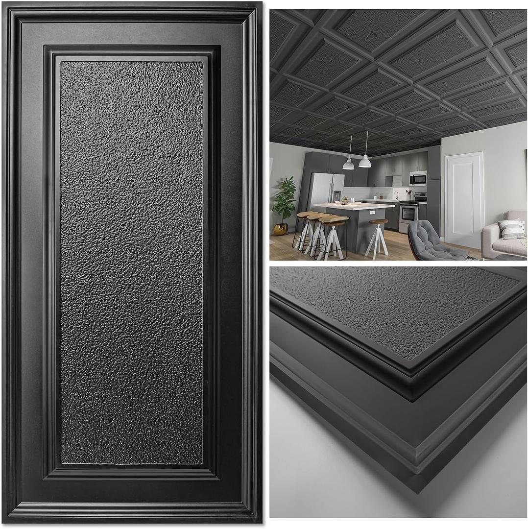 Art3d Drop Ceiling Tiles 24x48 inch Black (12-Pack, 96 Sq.ft), 3D Wainscoting Panels Glue Up 2x4 FT
