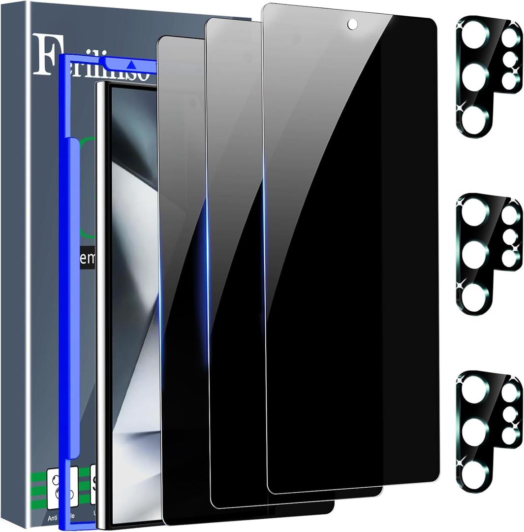 Ferilinso 3 Pack Privacy Screen Protector for Samsung Galaxy S24 Ultra with 3 Pack Tempered Glass Camera Lens Protector Phone Case Friendly Accessories Protector de Pantalla for Samsung S24 Ultra (Samsung S24 Ultra 6.8 INCH-Black)